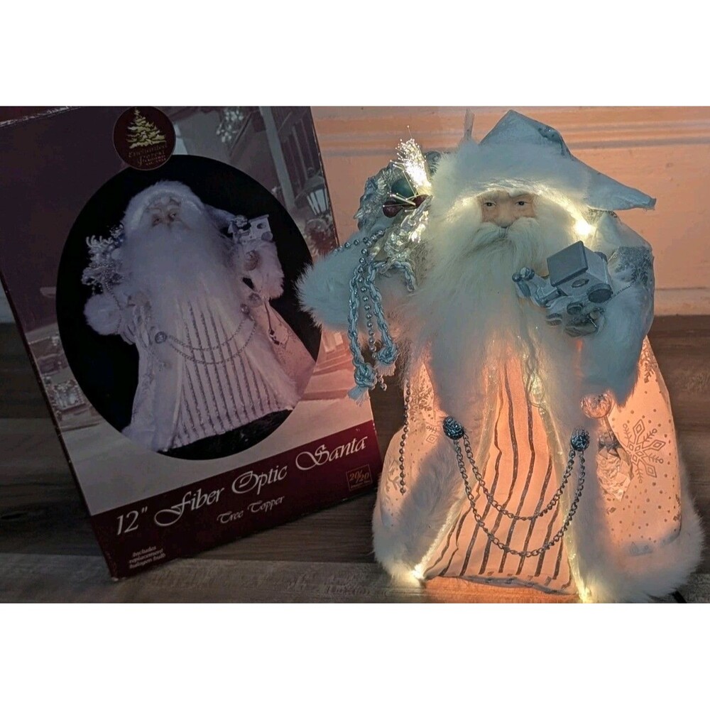 Vintage Enchanted Forest- 12" Santa Claus Fiber Optic Tree Topper Silver & White